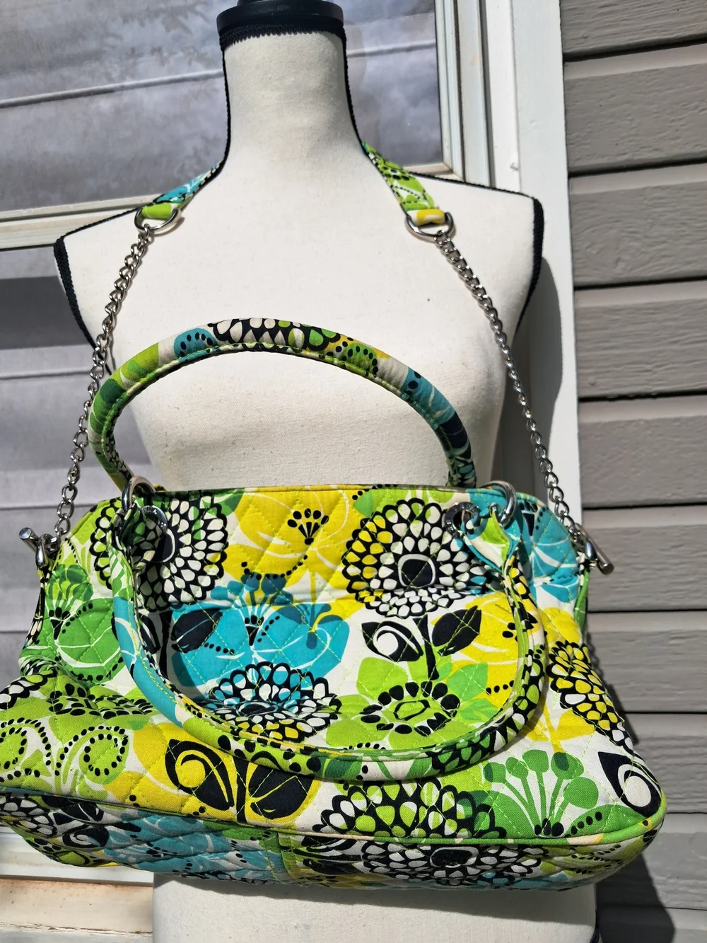 EUC Vera Bradley Green & Teal Leaf-Print Tote Detachable Chain Strap Purse - Picture 8 of 14